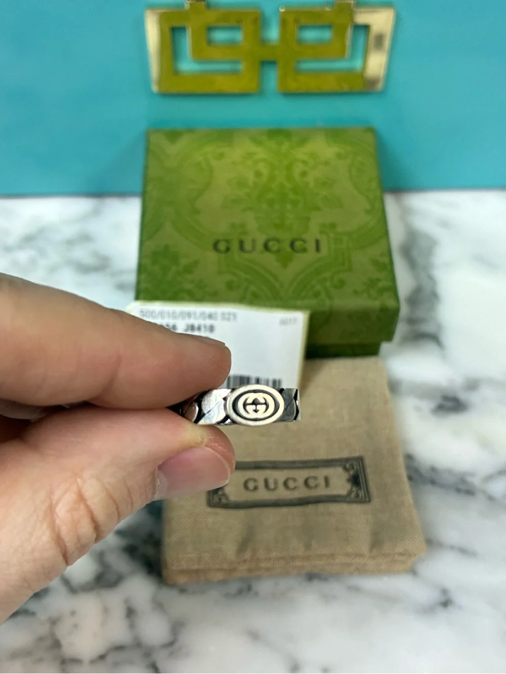 NWT Gucci Silver 925 Black Interlocking GG Ring - IT Size 18 = 8.25 US